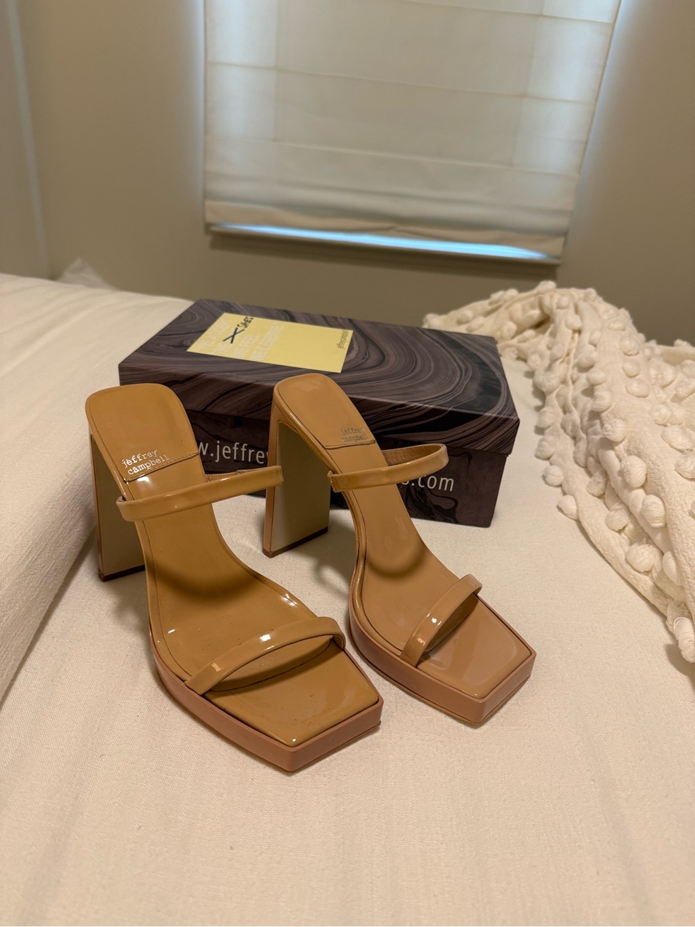 Jeffrey Campbell Tan Patent Square-Toe Double-Strap Block Heels
